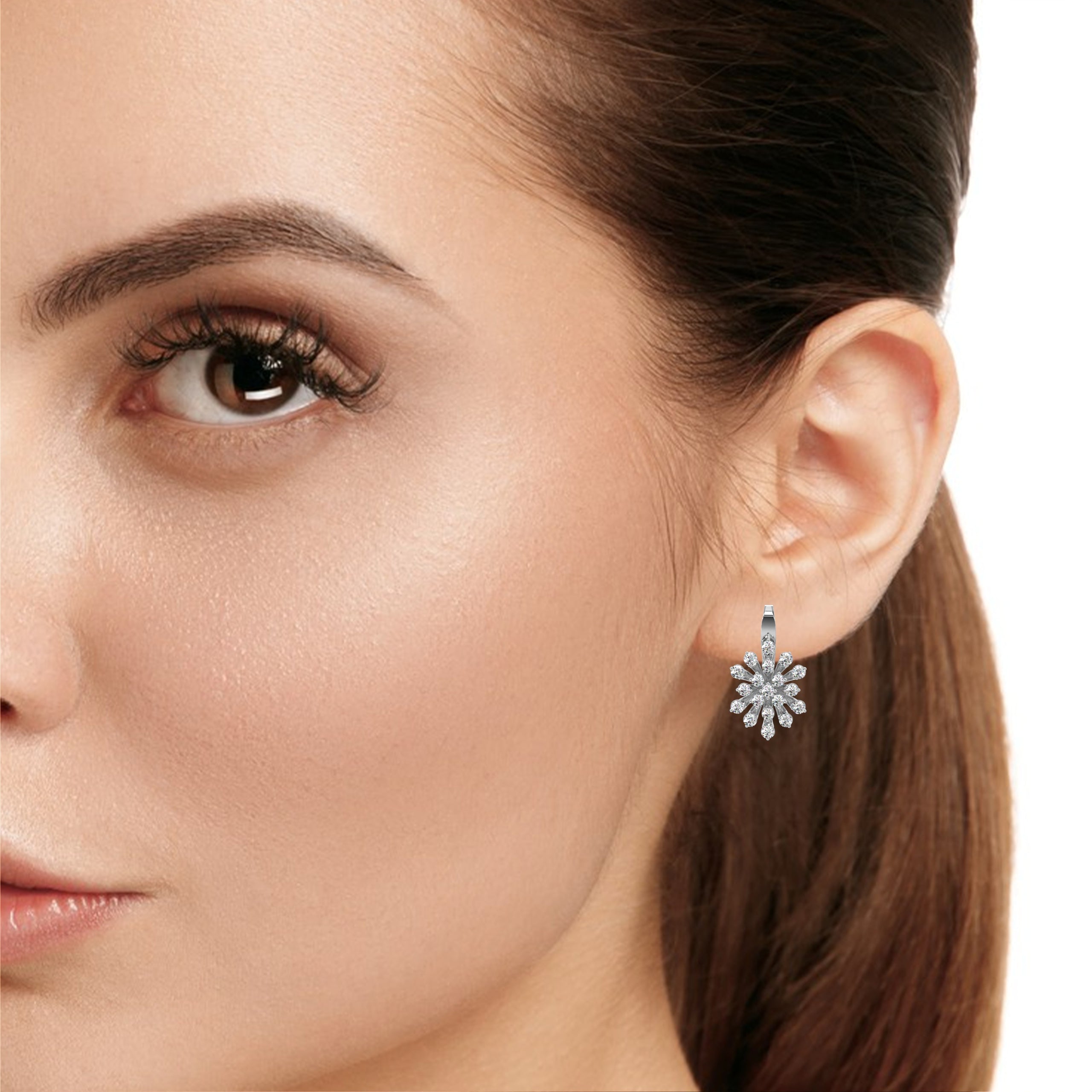 Floral Diamond Cluster Drop Earrings – Elegant Gold Dangle Design