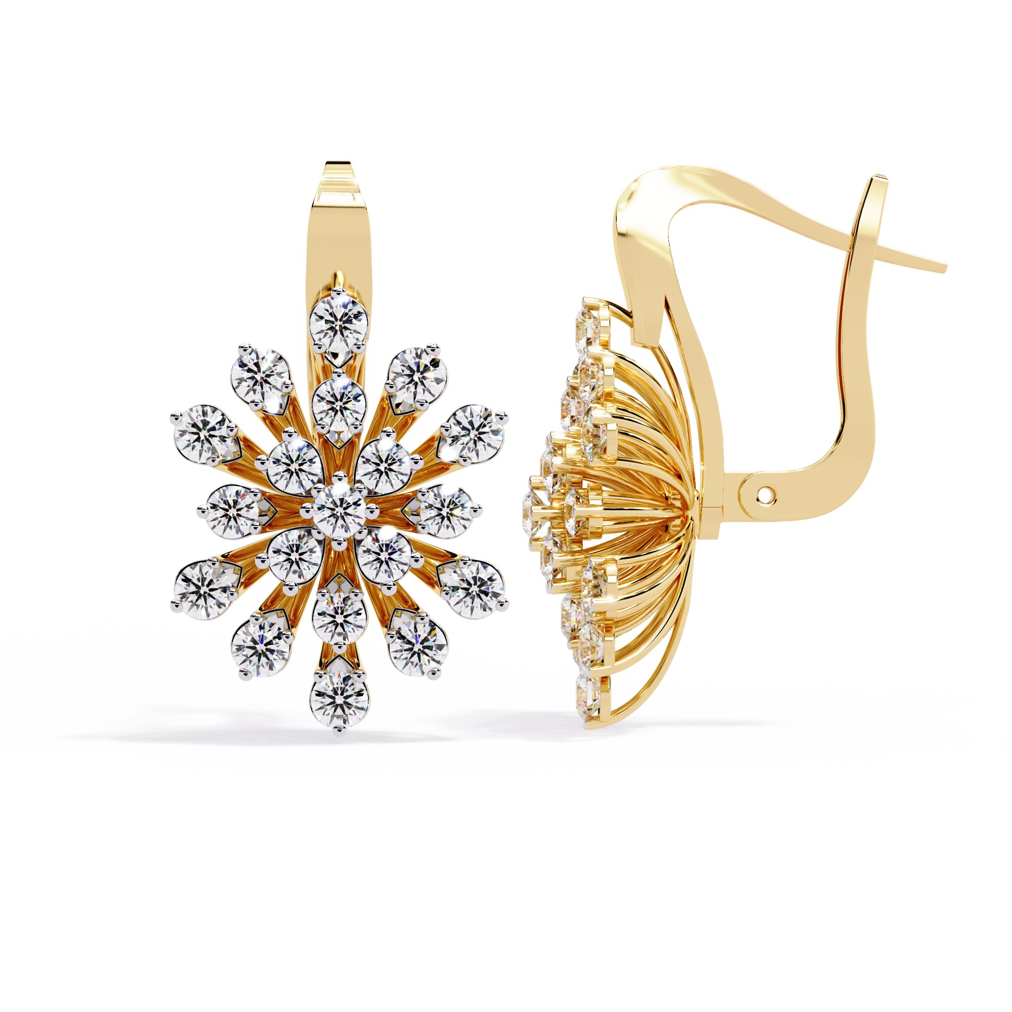 Floral Diamond Cluster Drop Earrings – Elegant Gold Dangle Design