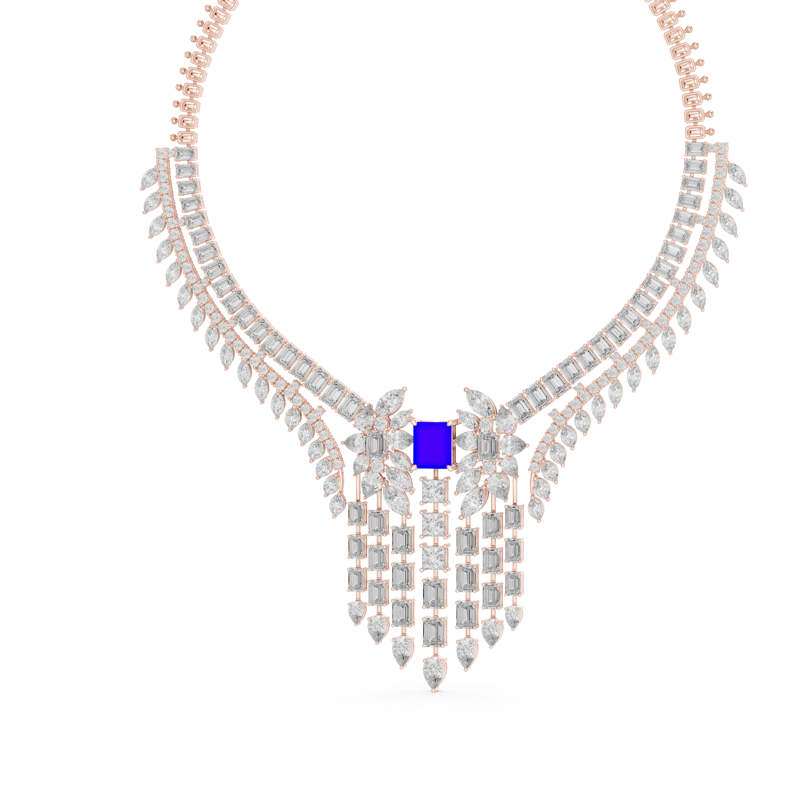 Regal Blue Radiant-Cut Designer Diamond Necklace in 925 Silver