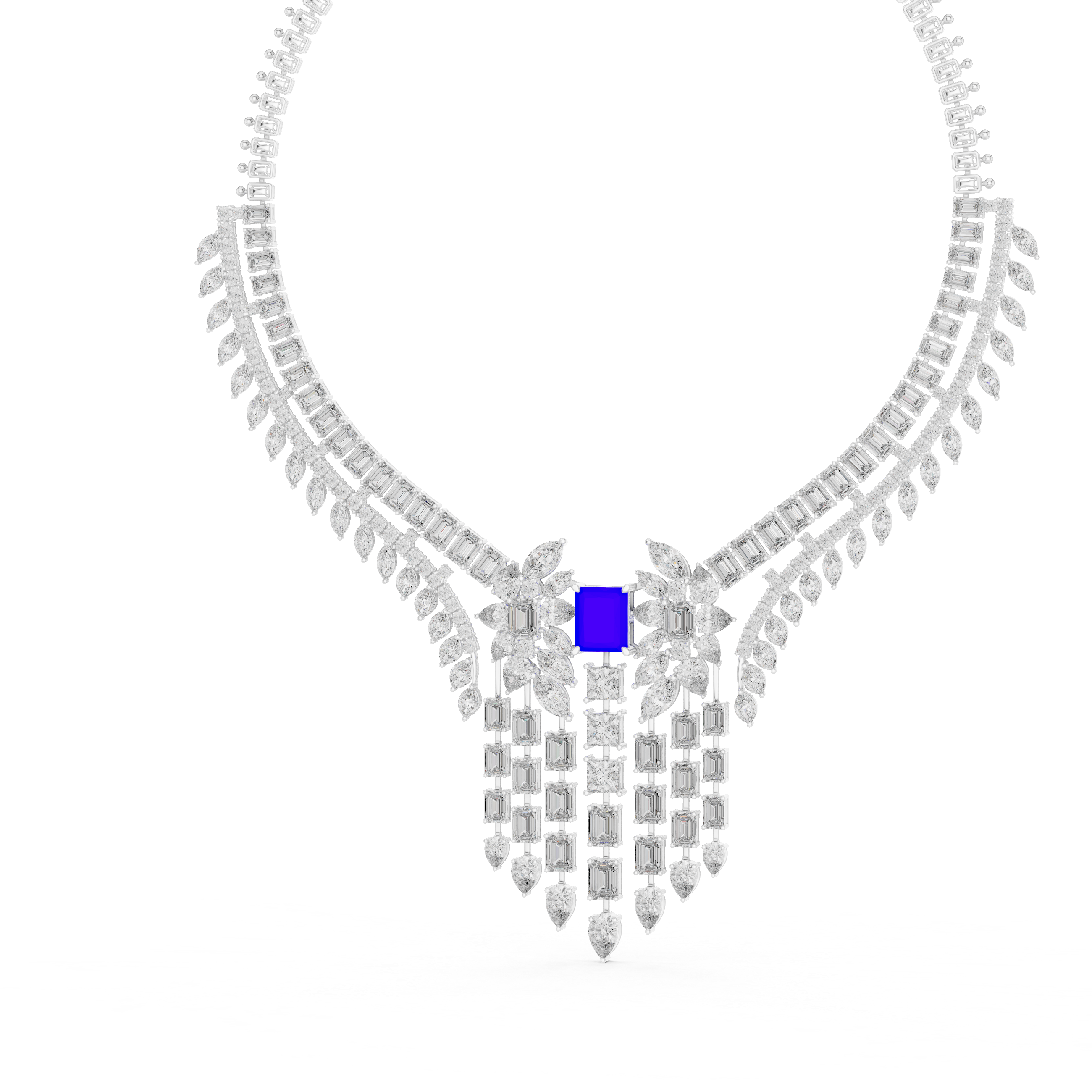 Regal Blue Radiant-Cut Designer Diamond Necklace in 925 Silver