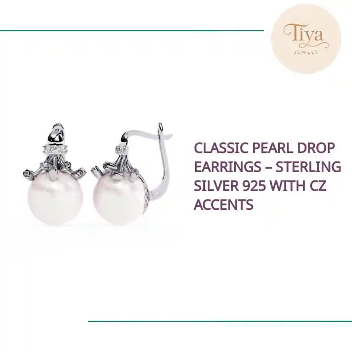 Classic Pearl Drop Earrings &ndash; Sterling Silver 925 with CZ Accents by@Outfy